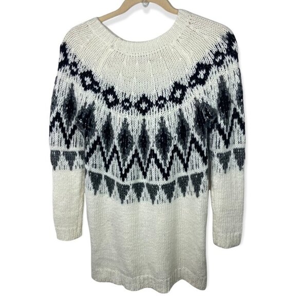 Fairisle Alpaca Blend Chunky‎ Knit Sweater Tunic Oversize White Black Nordic XXL - Picture 2 of 8